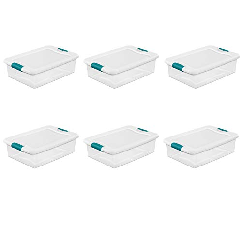 Sterilite 14968006 32 quart/30 L Latching Box with Clear Base, White Lid and Colored Latches, 6-Pack